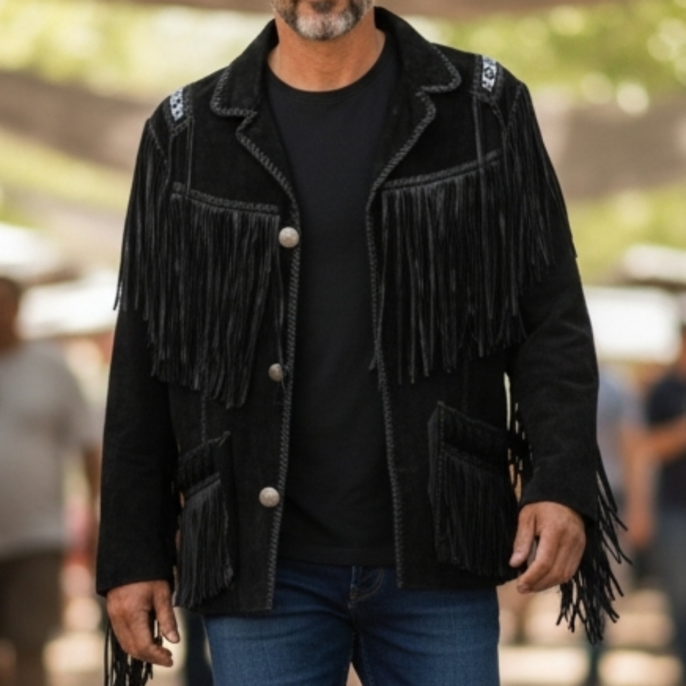 Vintage Scully Leather Western Black Fringed Jacket Beaded Detail Size 48 - Picture 13 of 14